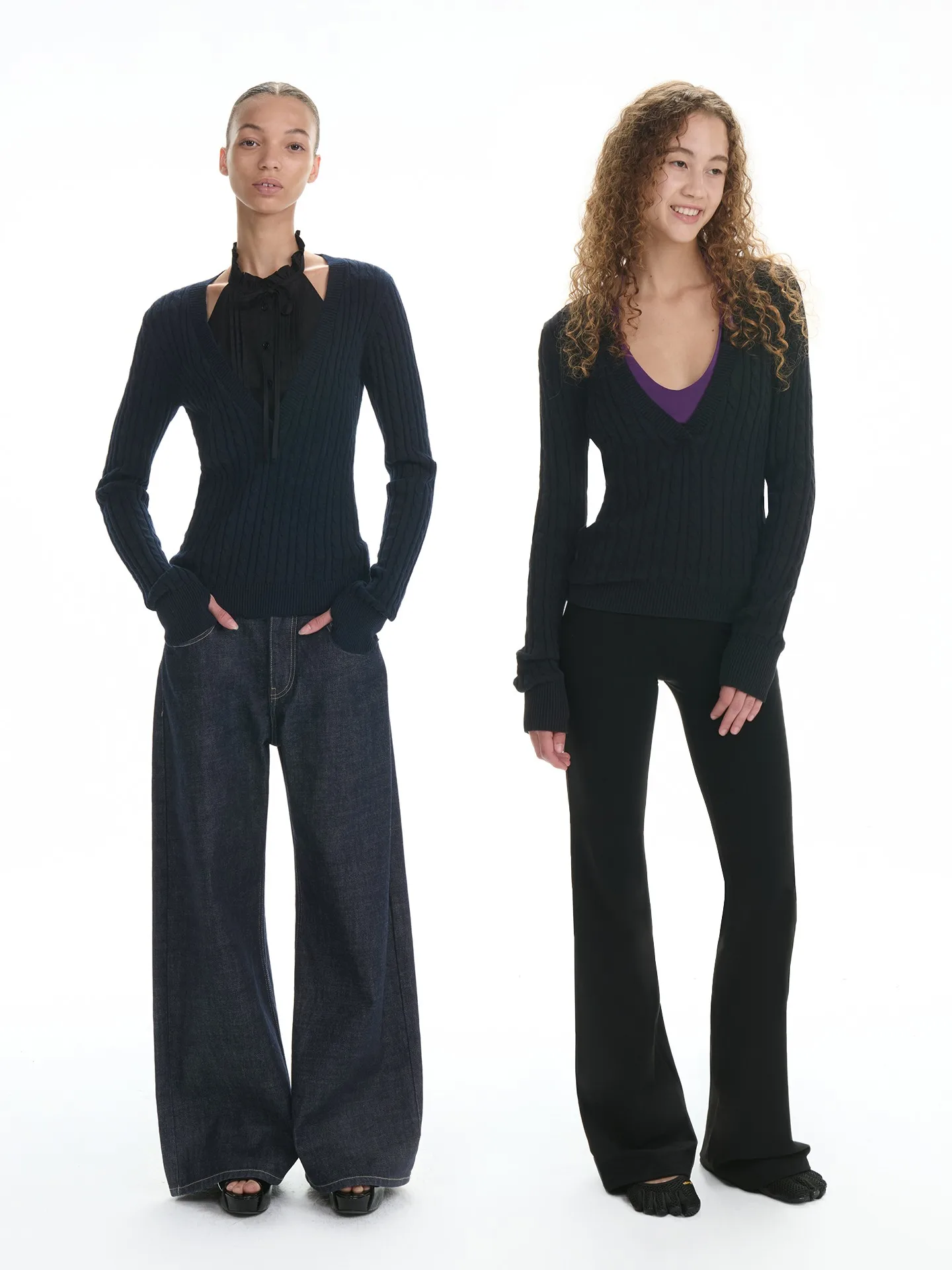 

Slim Fit Knitted Sweater with Twist V-Ne in Bla Cotton Camere Blend Long Sve Winter Faion Women's Simple Sle