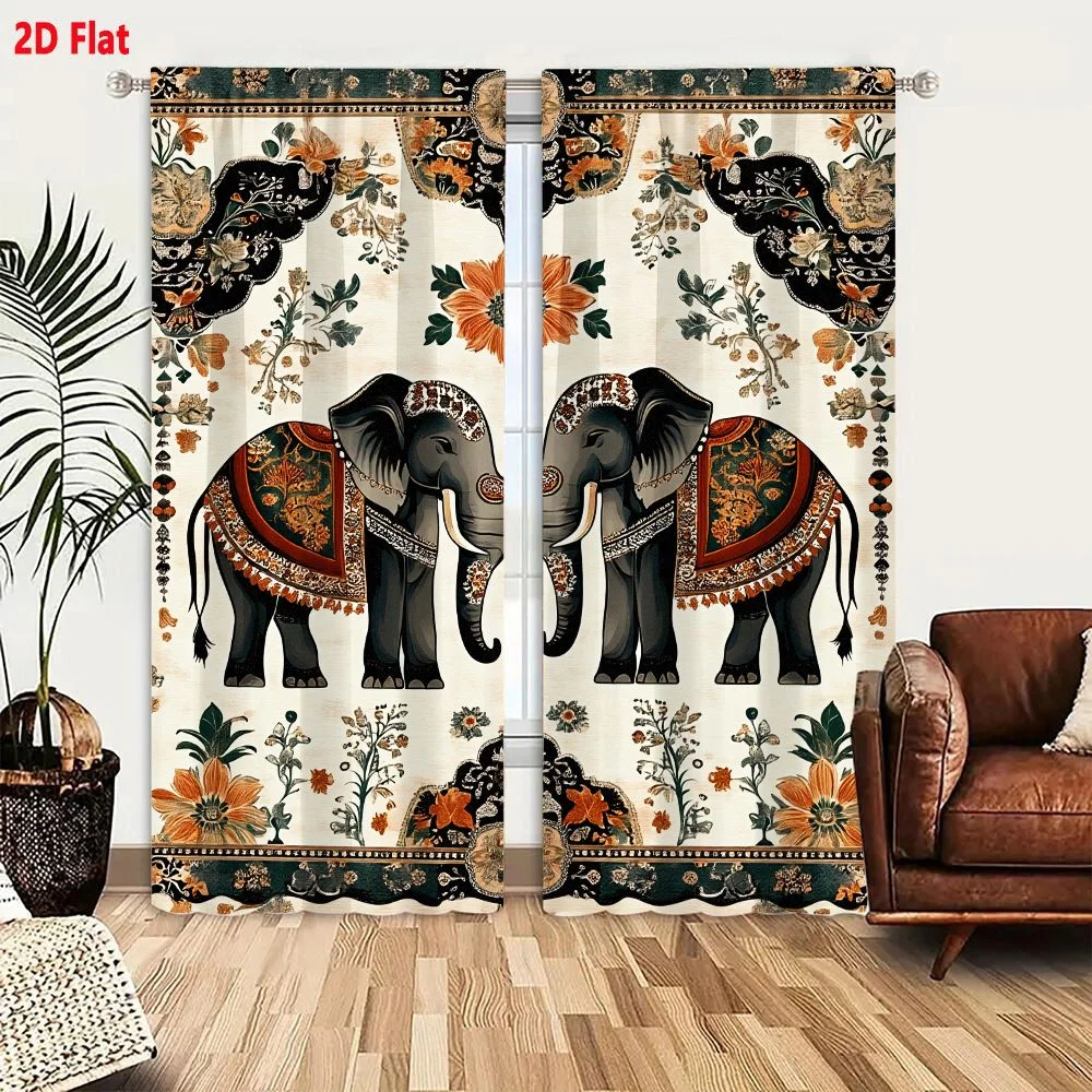 2Pcs Curtains 2D Flat Symmetrical Ornate Elephants With Intertwined Trunks In Traditional Indian Style Featuring Floral Patterns