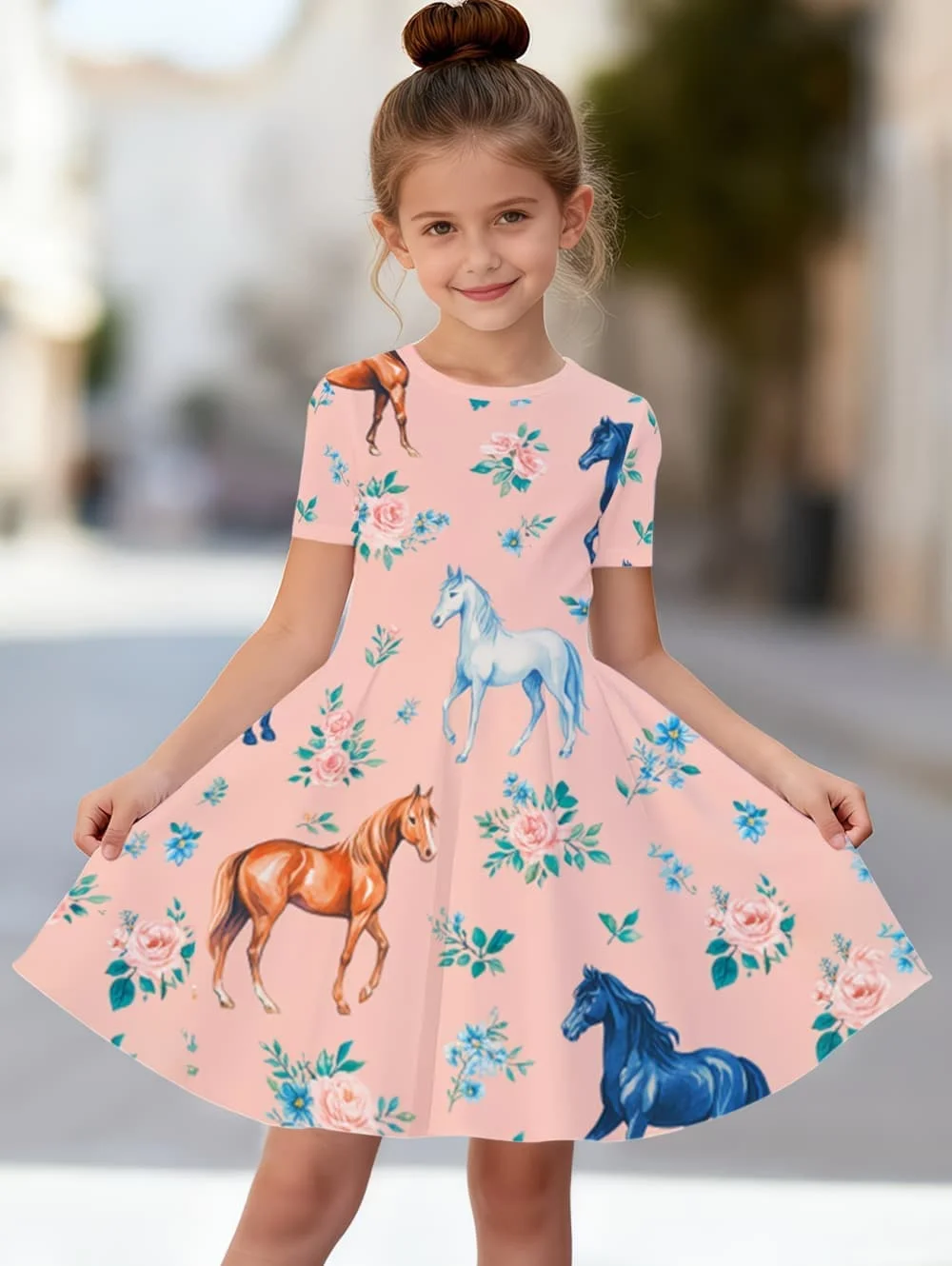 Children's Clothing Girl Cute Funny Animal Horse 3D Printed Graphic Summer Dresses Comfortable Crew Neck Clothes Dress for Girls