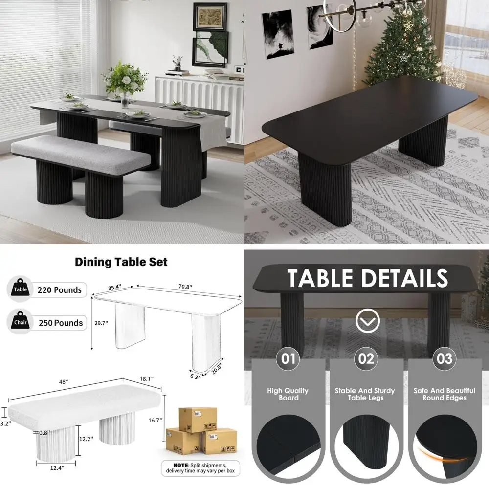 

Элегантный овальный обеденный набор из 3 предметов с скамейкой, черный стол 71 дюйм, рябьи ножки, 2 серых скамейки с мягкой обивкой