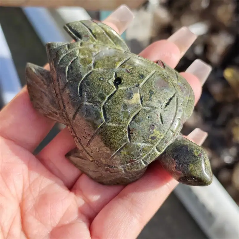 Natural Unakite Green Quartz Sea Turtle Carving Reiki Healing Fengshui Stone Crafts Home Decoration Holiday Gifts 1PCS