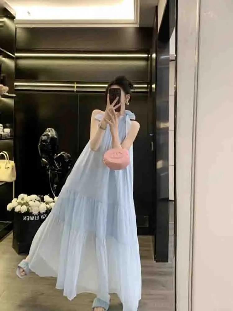 Summer Blue Bow Dress Hanging Neck Strap Summer Long Skirt Beach Vacation Skirt Leisure Commuting Beautiful Skirt