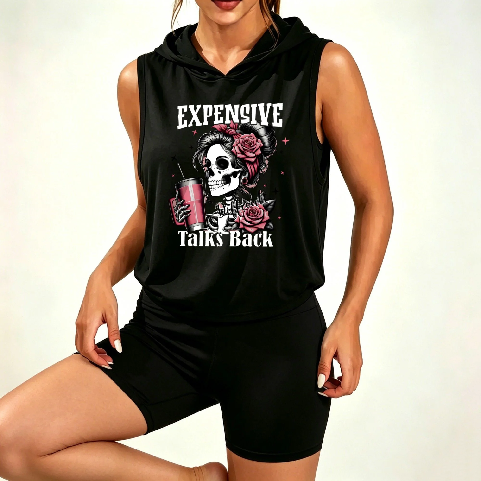 Women Gothic Skull Rose Slogan Graphic Sleeveless Hooded Tank Top & High‑Waist Biker Shorts 2‑Piece Set, casual activewear for summer daily loungewear