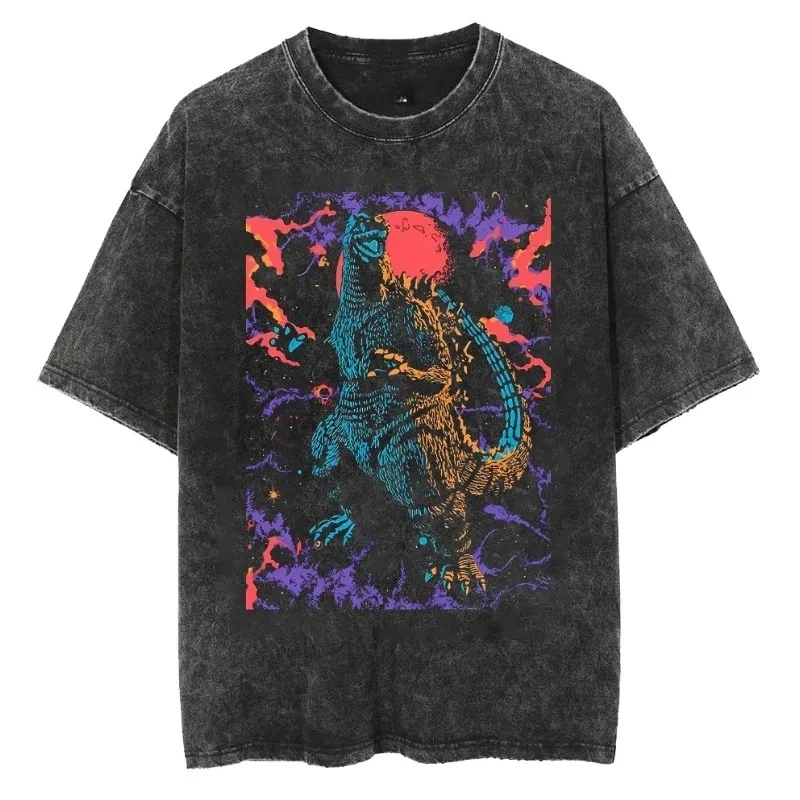 Godzilla 2026 New Hot T-Shirt Godzilla Monster Washed Old Cotton Vintage Loose T-Shirt Y2k Men T-shirt Short Sleeve Shirts