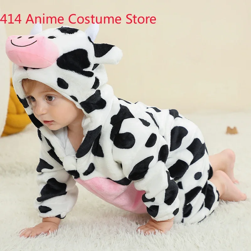 Animal Milk Cow Costume Kigurumi Romper for Baby Boys Girls Infant Toddler Hooded Jumpsuit Onesie Outfit Flannel 0-36M