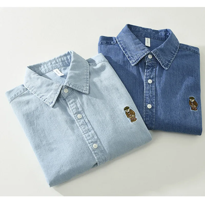 Vintage Denim Shirts for Men Embroidery Bear Long-sleeved Shirt 100% Cotton Casual Simple Japanese Style camisas de hombre