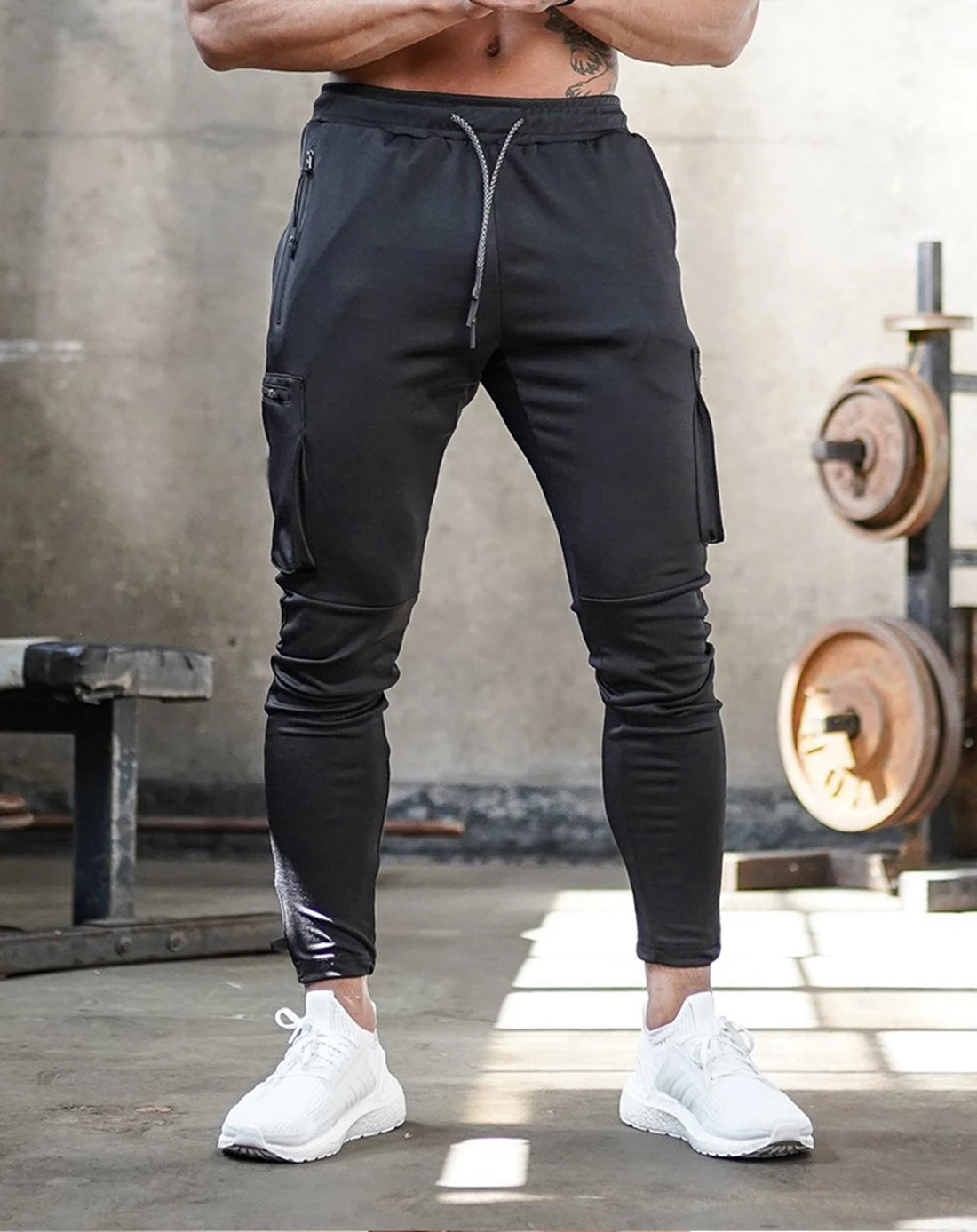 Mens Dark Grey Fitness Leggings Running Jogging Pants Joggers Streetwear Multi-pocket Trousers Sport Training Bottoms Sweatpants