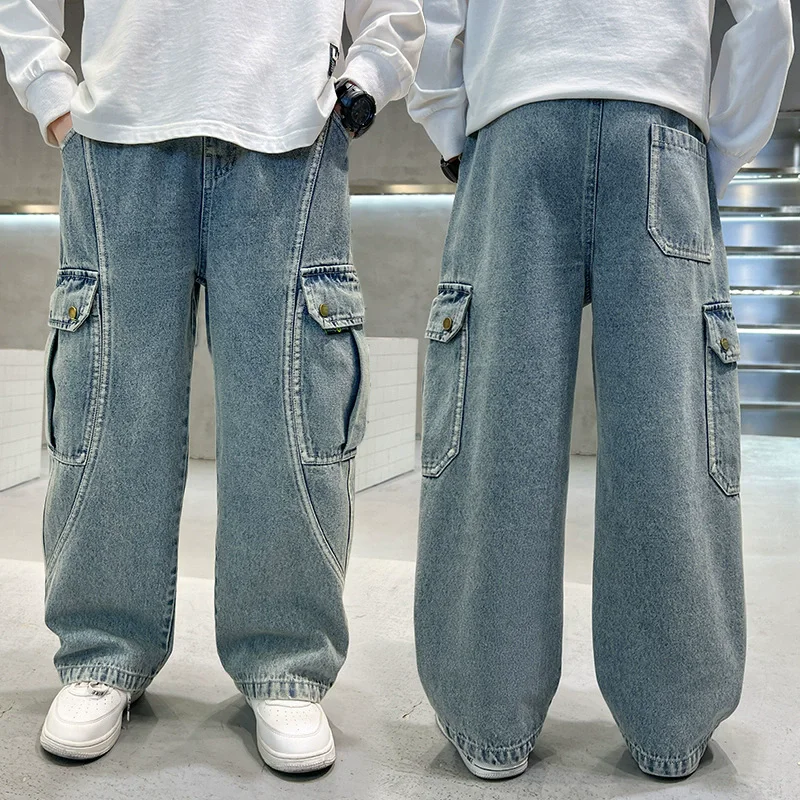 New Boys\' Straight Leg Cargo Jeans Teenage Children Wide Leg Denim Pants for Kids Loose Pockets Trousers Spring Autumn 5 -15Yrs
