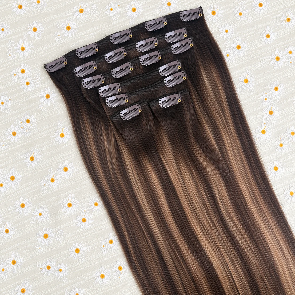 Highlight Ombre Clip In Hair Extensions 100% Human Hair 120Grams/Pack 7Pcs/Sets Real Remy Straight Hair Colored T26P2# Dark Brown To Chestnut Brow 18-26 Inch Clip on Hair Extension For Women