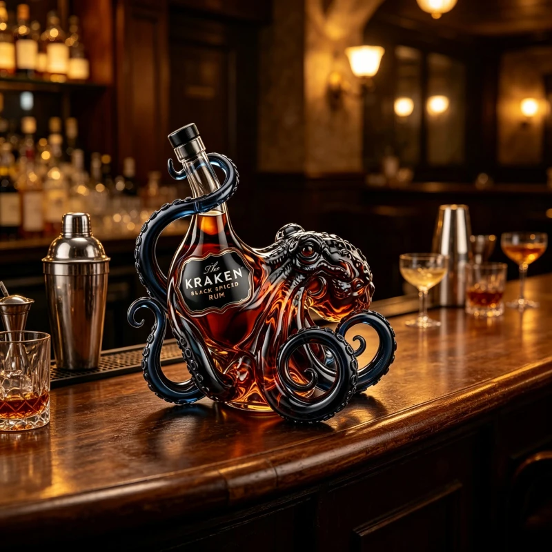 Unique Kraken Octopus Glass Liquor Bottle, Clear Rum Decanter, Decorative Barware & Home Display Piece for Spirits view 2