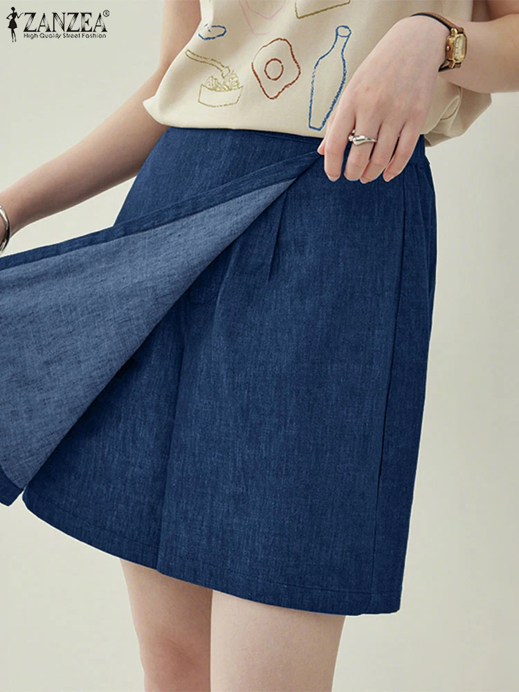 

ZANZEA Women Denim Shorts Summer Elastic Waist Bottoms 2025 Vintage Casual Loose OL Work Solid Color Short Pants Oversized