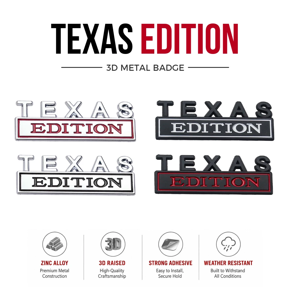 2Pcs Texas Edition Zinc Alloy 3D Metal Car Emblem Badge Self Adhesive for Fender Door Trunk Tailgate Exterior Decor Car Truck