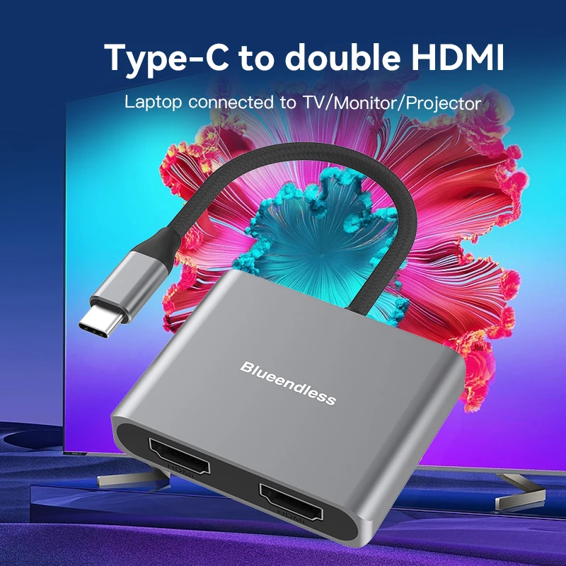 Type C 2 In 1 Adapter Docking Station USB Type C Hub to MST Dual HDTV 4K 60Hz HD Video Splitter Adapter Type C to HDTV Hub