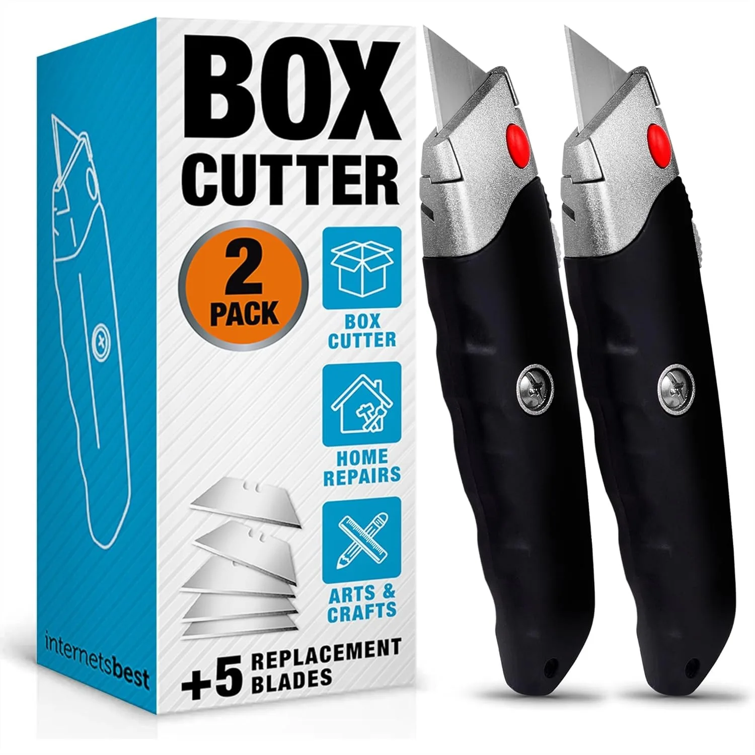 

Utility Knife Set Retractable Box Cutter Heavy Duty Cutting For Cardboard Carpet Plastic With Rubber Handle Includes 2 Knives And Extra Blades