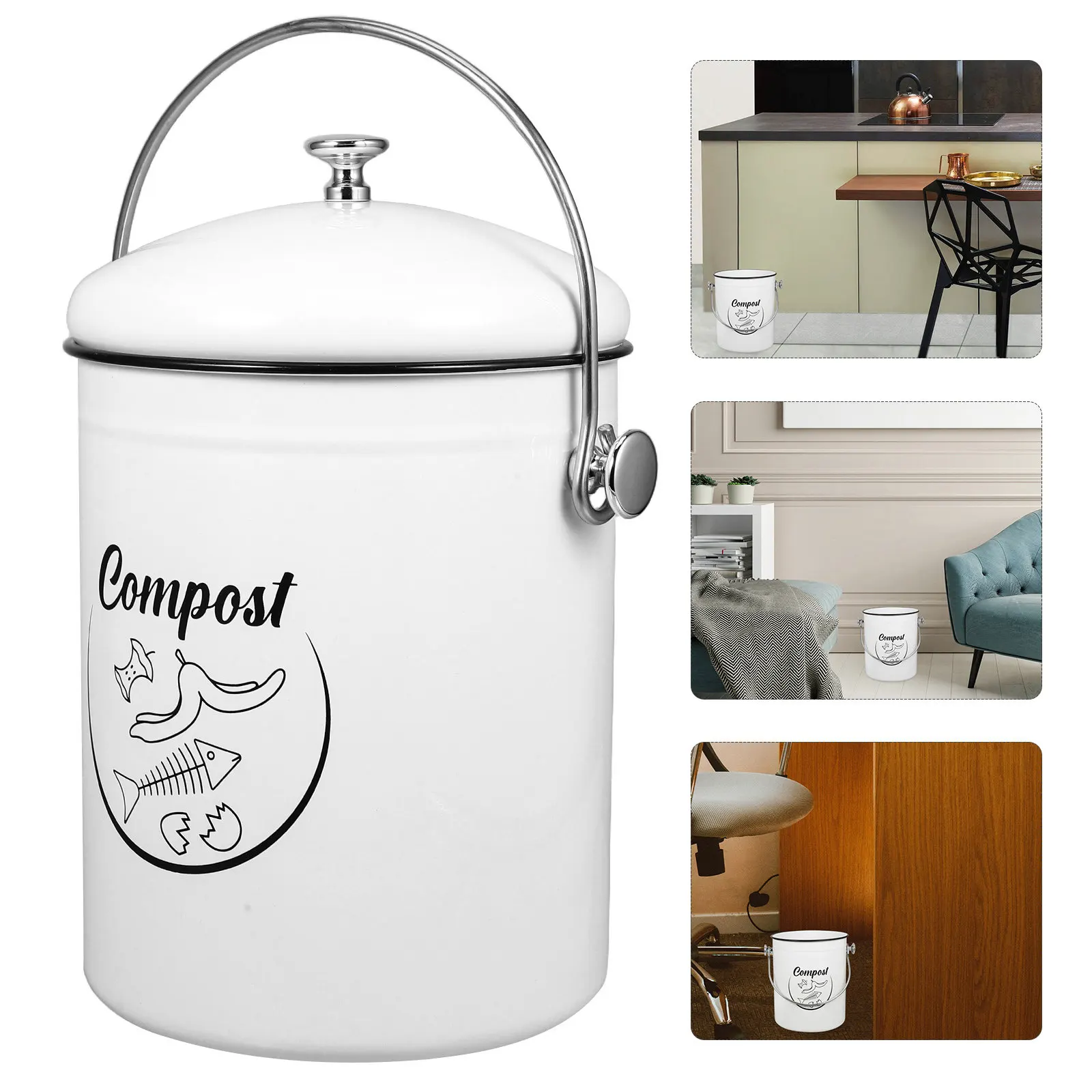 Kitchen Compost Bin Iron Lid Large Capacity Food Waste Container Countertop Garbage Can Recycling Trash Bin Trash Cans