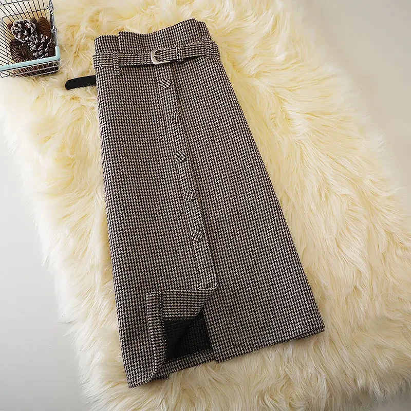 

Houndstooth Woolen Skirt for Women Autumn Winter Large Size A- Line One-Step SSplit Woolen Houndstooth Midi Skirt Femme P548