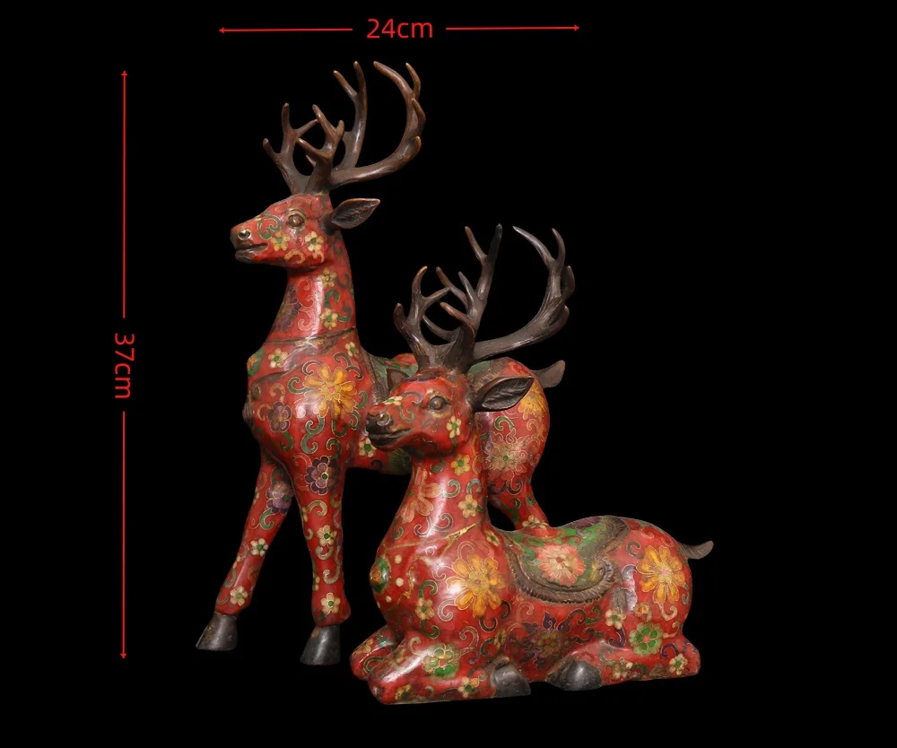 

14"Tibetan Temple Collection Old Bronze Cloisonn Enamel Longevity Deer Statue A Pair Amass wealth Ornaments Town house Exorcism