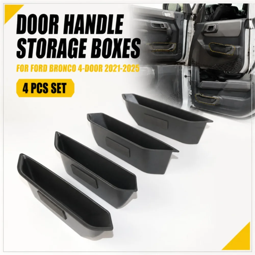 4PCS Black Door Handle Armrest Storage Boxes for Ford Bronco 4 Door 2021-2025 ABS Interior Organizer Accessories Set