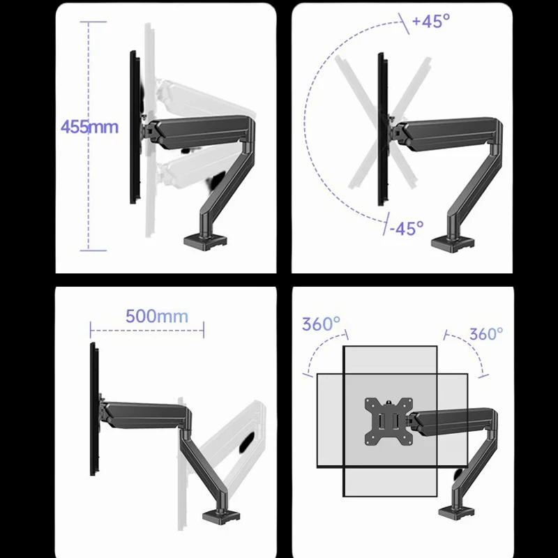 Single Fully Adjustable Gas Spring Monitor Arm Support Max 32 Inch, Single Monitor Desk Mount with Clamp/Grommet Mounting Base