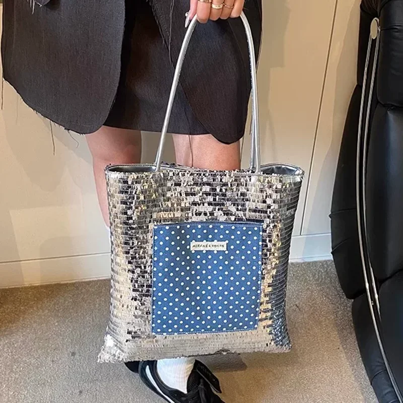 

Spicy Girl Style Sequin Tote Bag Women Trendy Personality High-end Texture Contrasting Color Versatile Commuting Shoulder Bag