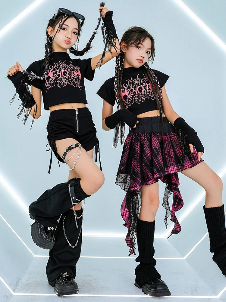 Fashion Girls Jazz Dance Costume Summer Black Crop Tops Performance Suit Kids Hiphop Competition Clothing Stage Outfits BL13277