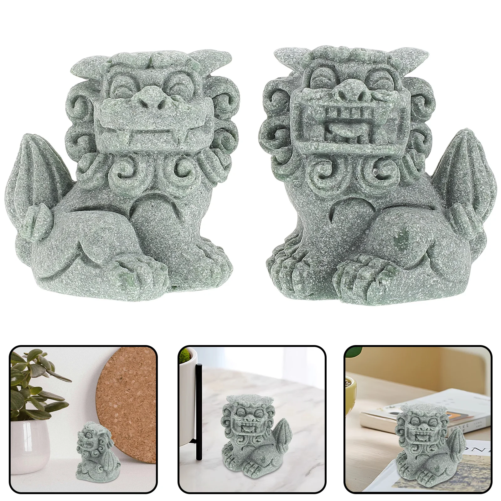 

1Pair Chinese Lion Statue Miniature Carved Stone Sculptures Traditional Guardian Bonsai Decor Small Garden Lion Ornament