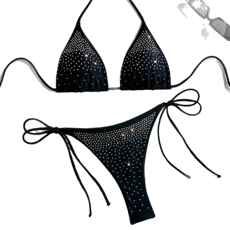 ชุดบิกินี่ผู้หญิงแบบผูกคอ แต่งลูกไม้ ชุดชั้นในแบบดันทรง สายผูกข้าง ชุดว่ายน้ำชายหาด