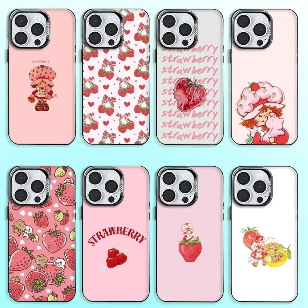 حافظة هاتف S-Strawberry Cute Shortcak لهاتف iPhone17,16,15,14,13,12,11 Plus، Pro Max غطاء مقاوم للصدمات من الحلوى السوداء غير اللامعة