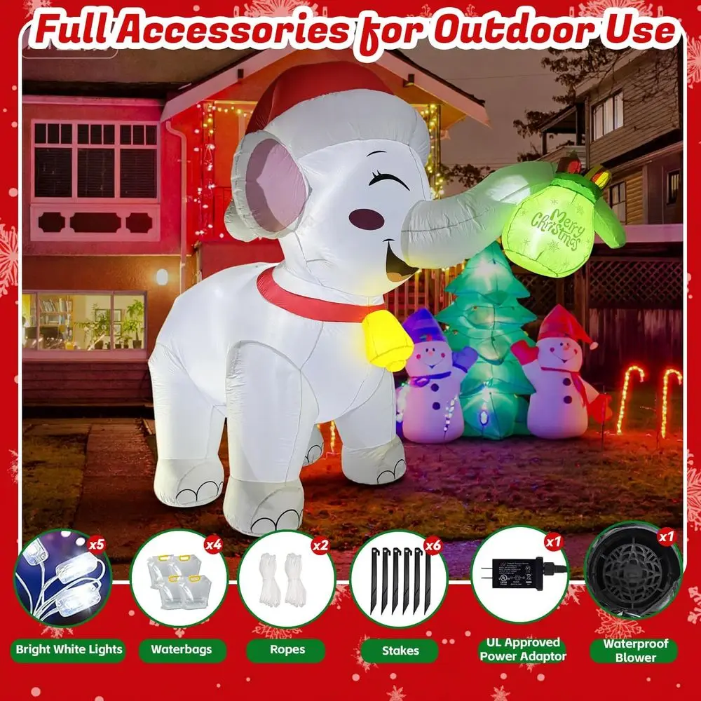 11-Foot White Elephant Christmas Inflatable with Gift Box, LED Lights, Outdoor Holiday Decor for Party Yard Lawn