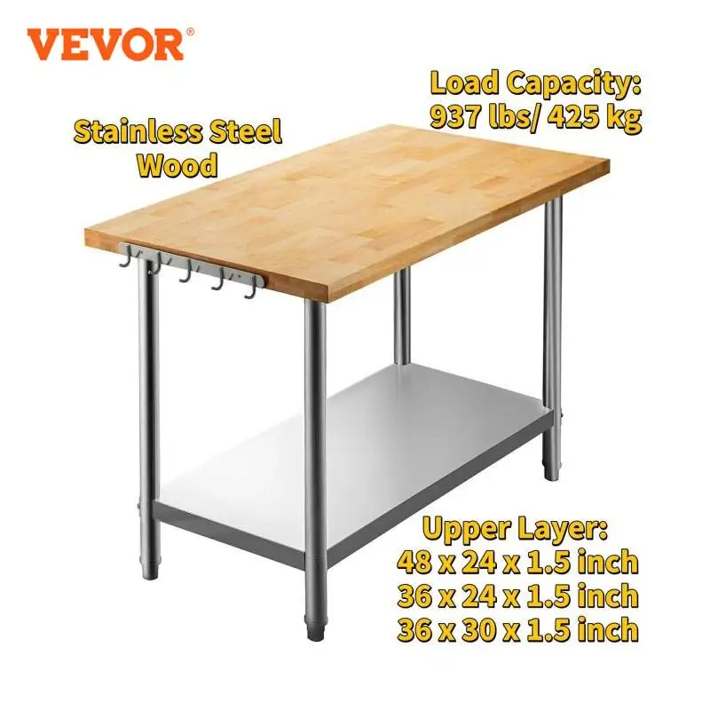 VEVOR Work Table With Shelf & Hooks Stainless Steel Maple Wood Load Capacity 937LBS/425KG for Storing Object, Chopping Vegetable