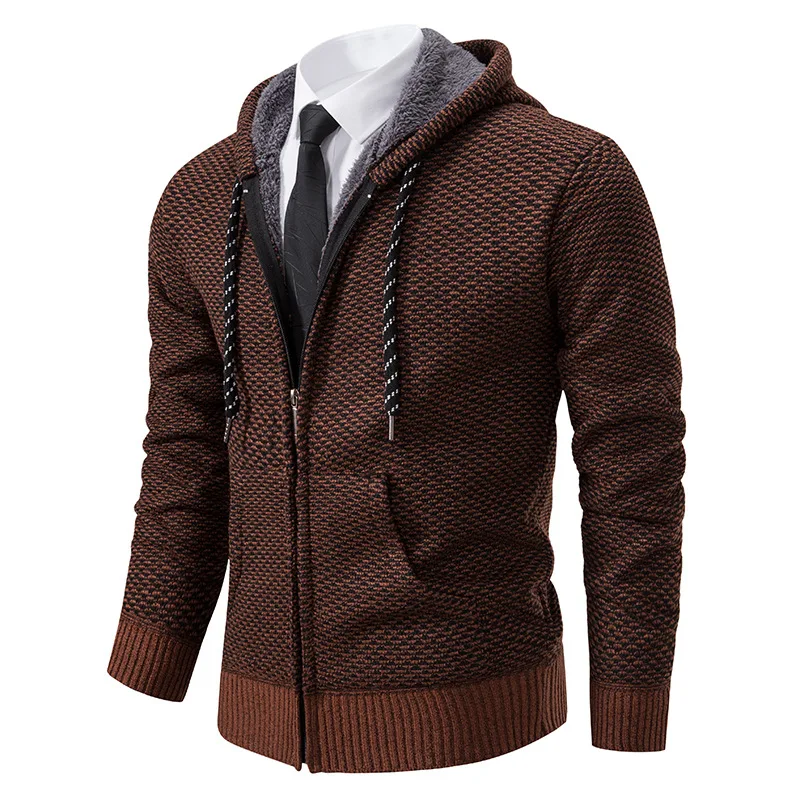 Chaqueta forrada de felpa para hombre, cárdigan de punto con capucha gruesa, abrigo sólido/camuflaje, Hip-hop, con cordón, ropa de abrigo informal con cremallera, Tops de invierno, nuevo