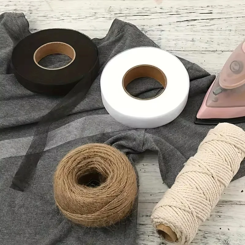 2 rollos de tela adhesiva de doble cara para ropa, cinta adhesiva para planchar en el dobladillo, Web de entrelazado, accesorios de retales de costura DIY, color blanco y negro