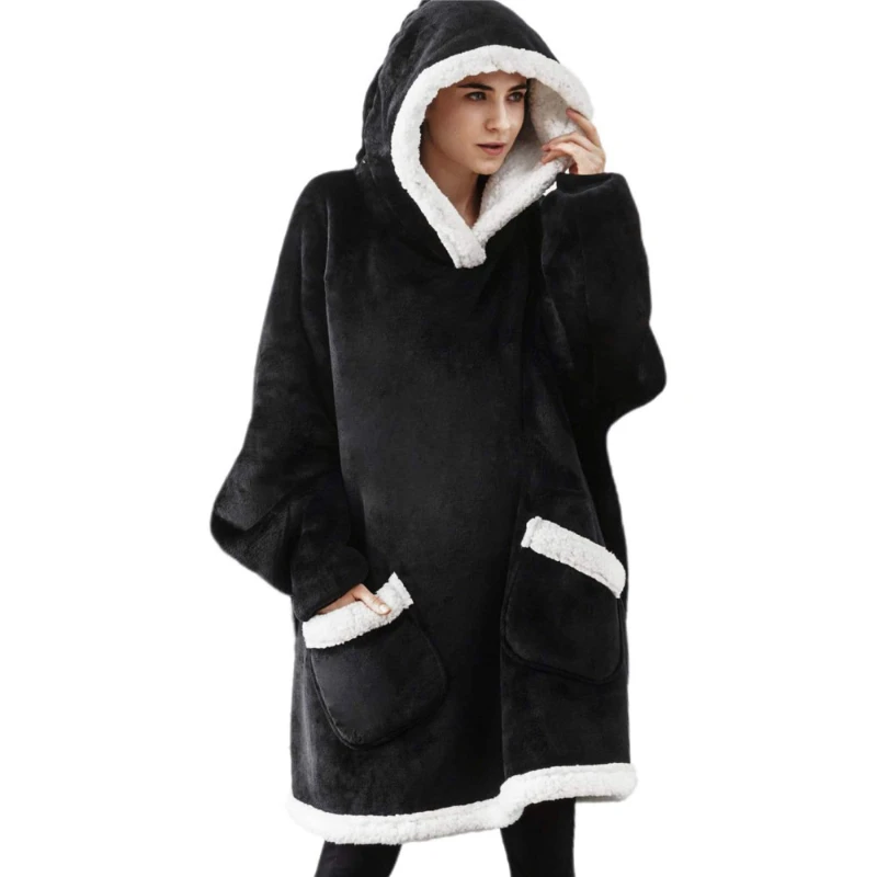 New Hooded Fleece Insulation Slacker Pajamas Fall/Winter Thick Nightgown Pajamas Flannel Frock Jumper Blanket With Sleeves