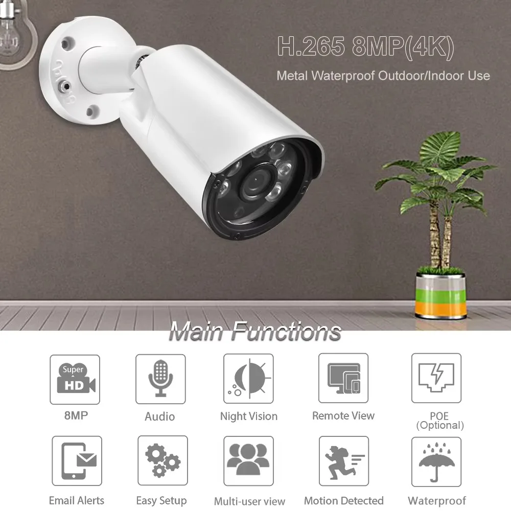 AZISHN 8MP 5MP 4K IP Camera Face Detection CCTV Security Cameras Outdoor Audio Email Alerts Video Surveillance For NVR System