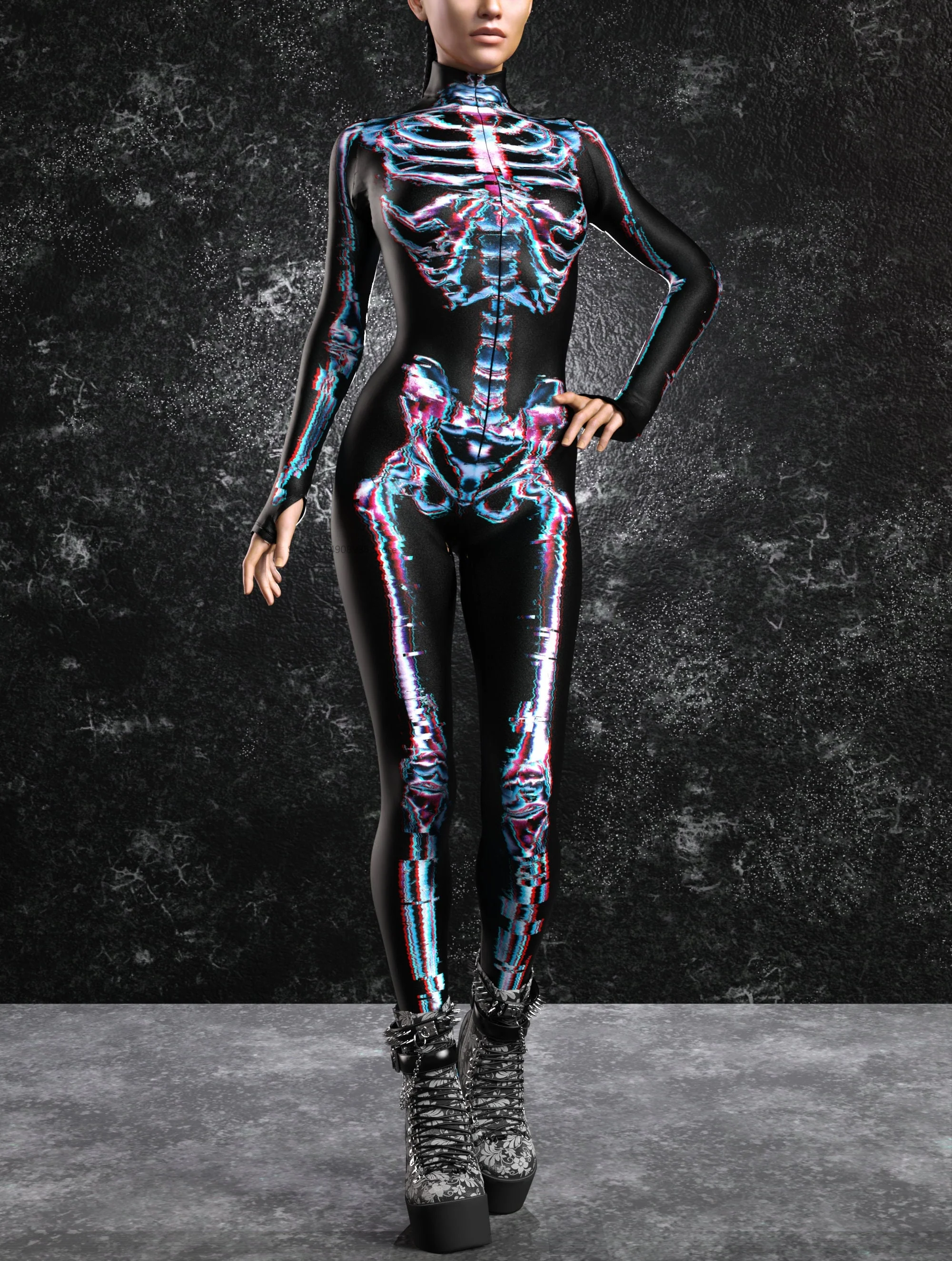 

Women Kawaii Skeleton Jumpsuit Multicolour Printing Holiday Party Wear Onesie Cosplay Costume Skeleton Storm Bodysuits Rompers