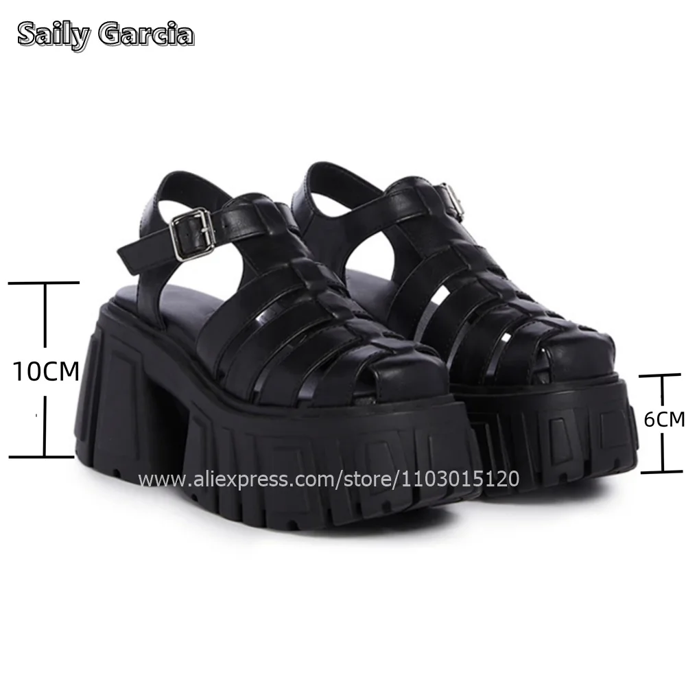 

Punk Style Thick Sole Buckle Strap Hollow Roman Style Sandals Retro All-Match Casual Shoes Round Toe Breathable 10CM Heel Sandal