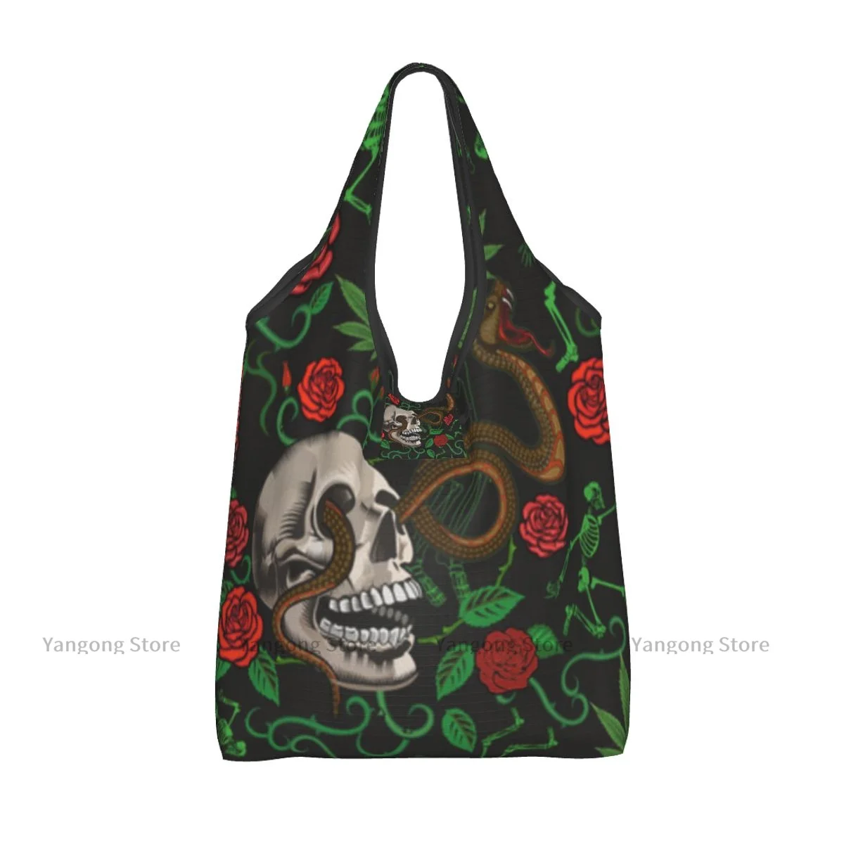 Foldable Shopping Bag Death Skull With Roses Snake Tote Folding Pouch Handbag Convenient Travel Grocery Bag