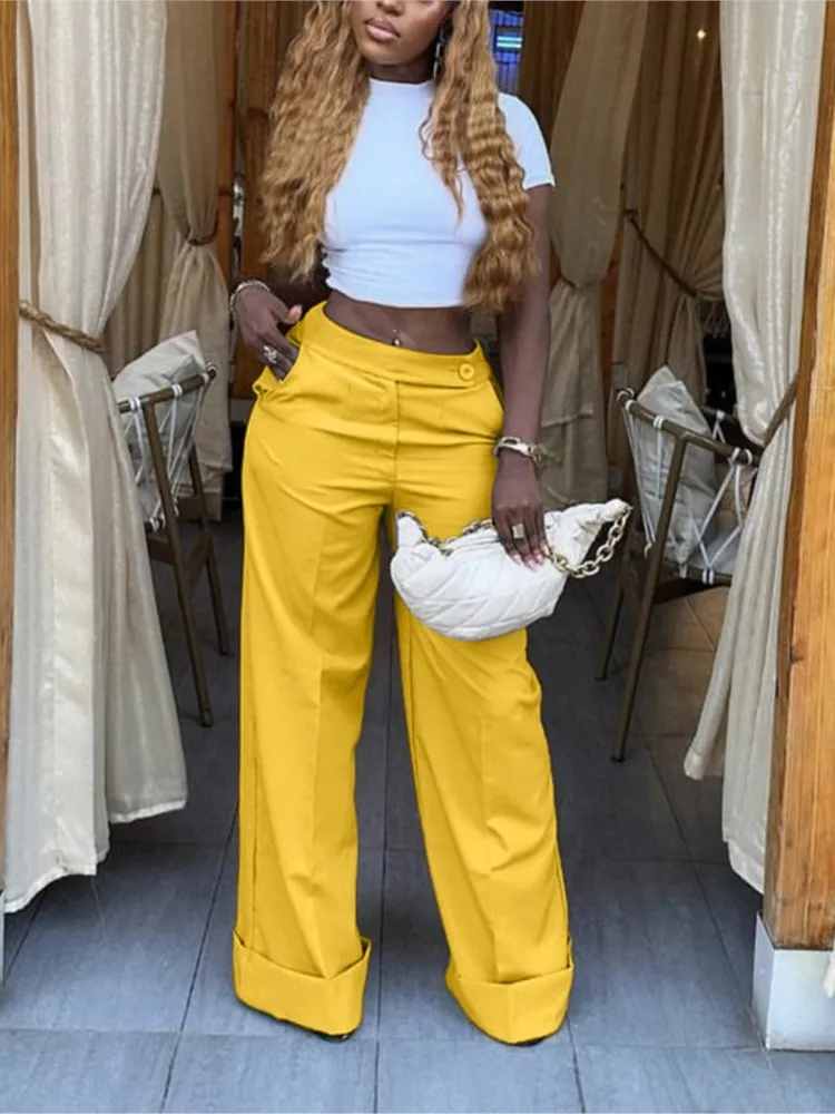 خريف جديد أنيق عادية واسعة الساق التنقل بنطلون المرأة مزاجه الموضة منتصف الخصر تنوعا زر مايكرو بنطلون