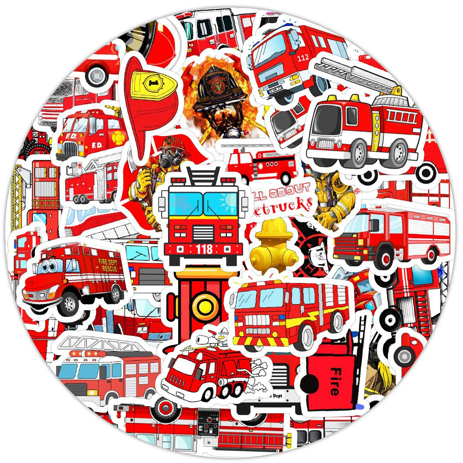 50 pegatinas de camión de bomberos | Autoadhesivo, Acabado Mate, Tema Animado, para Decoración de Oficina, Sellado de Sobres, Decoración de Fiestas