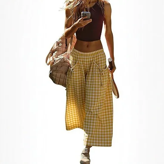 Casual Pants Plaid Mid Waist Japanese Korean Casual with Pockets Lightweight Summer Loose Fit 9 10 Length Checkered Women Pants