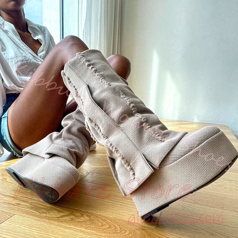 Knit Fold Over Knee High Boot Platform Thick Sole Fringe Stretch Sock Chunky Block Heel Shoes Round Toe Fashion Elegant Concise