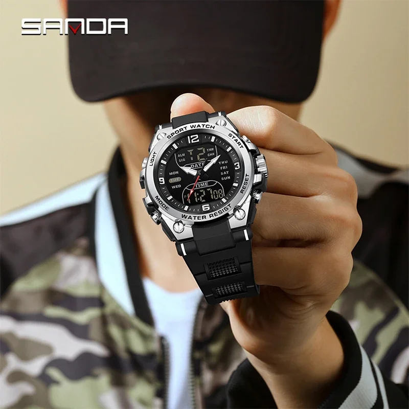 SANDA New Fashion Men Watch Multifunctional Outdoors Sports Waterproof Wristwatch LED Luminous Electronic Digital Men Watches