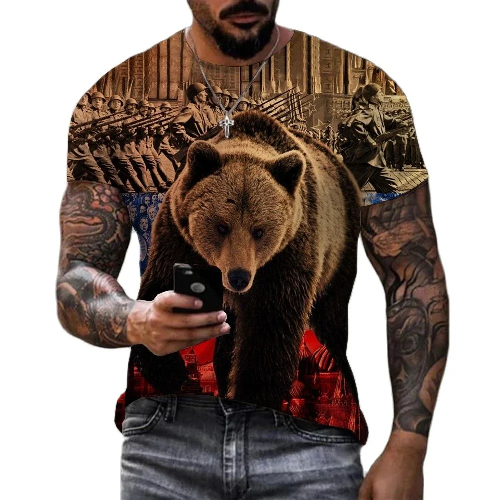 2024 Russian Bear 3D Printed T-shirt Men\'s Summer Fashion Collar Short Sleeve Russian Flag Oversized Street Wear