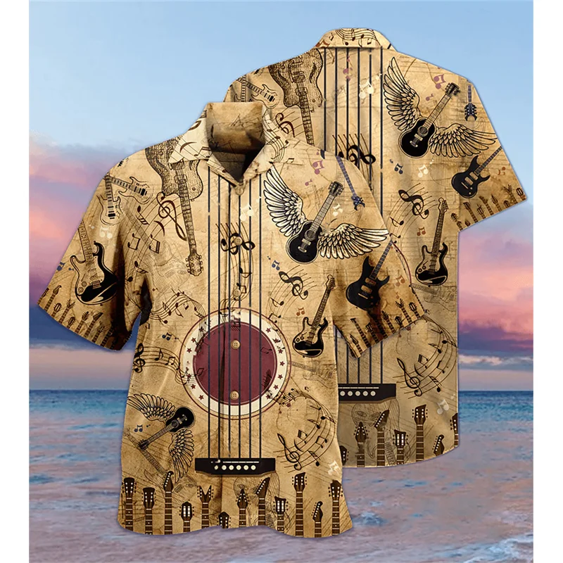 Guitar Bass Pattern Hawaiian Shirts For Men Vintage Musical Instrument 3D Printed Blouse Summer Loose Aloha Shirts Short Sleeves