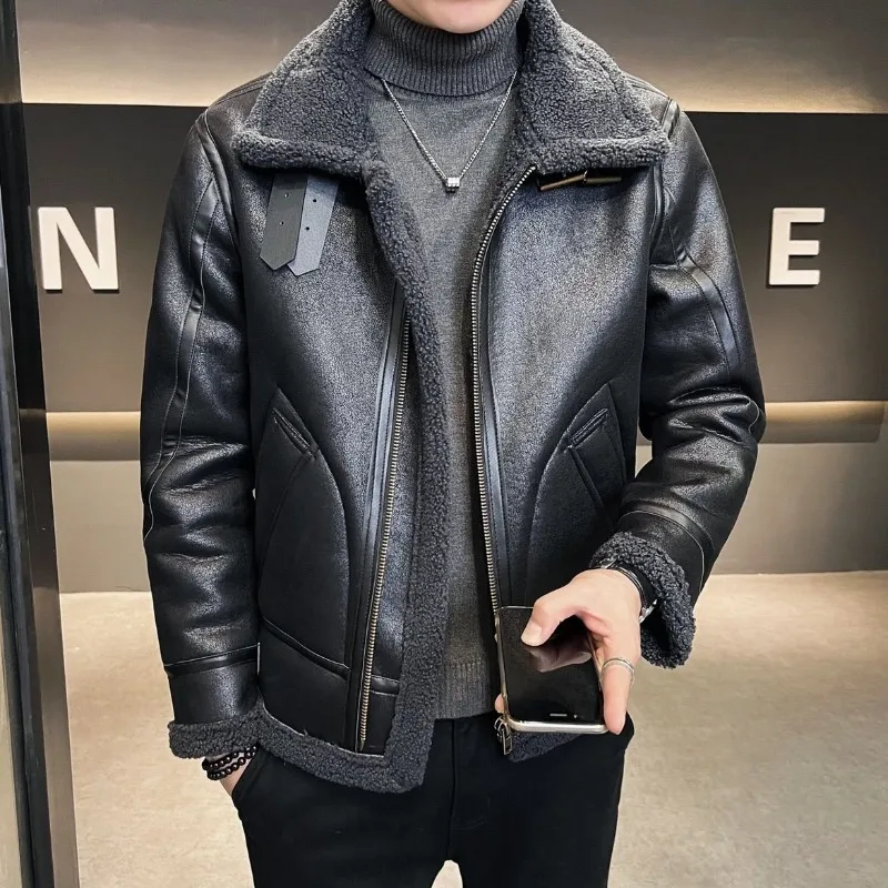 

Winter Men Fur Integrated Biker Leather Jacket Male Trend Retro Warm Thicken Leather Coat Solid Color Casual Large Size Outwear