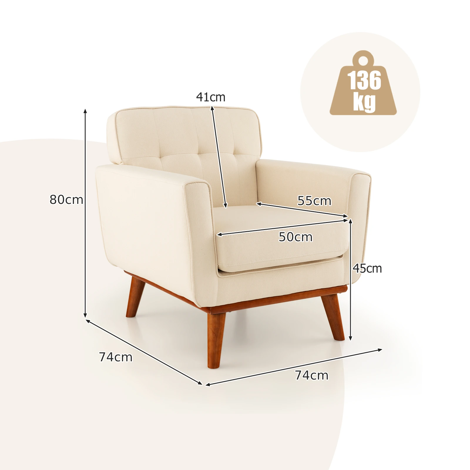 GOFLAME Modern Accent Chair Upholstered Linen Fabric Armchair w/ Removable Padded Seat Cushion