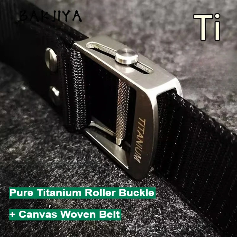 3.5/3.8mm Pure Titanium Automatic Roller Belt Buckle Adjusting Black Nylon Canvas Woven Tactical Outdoor Men's Waistband Belt