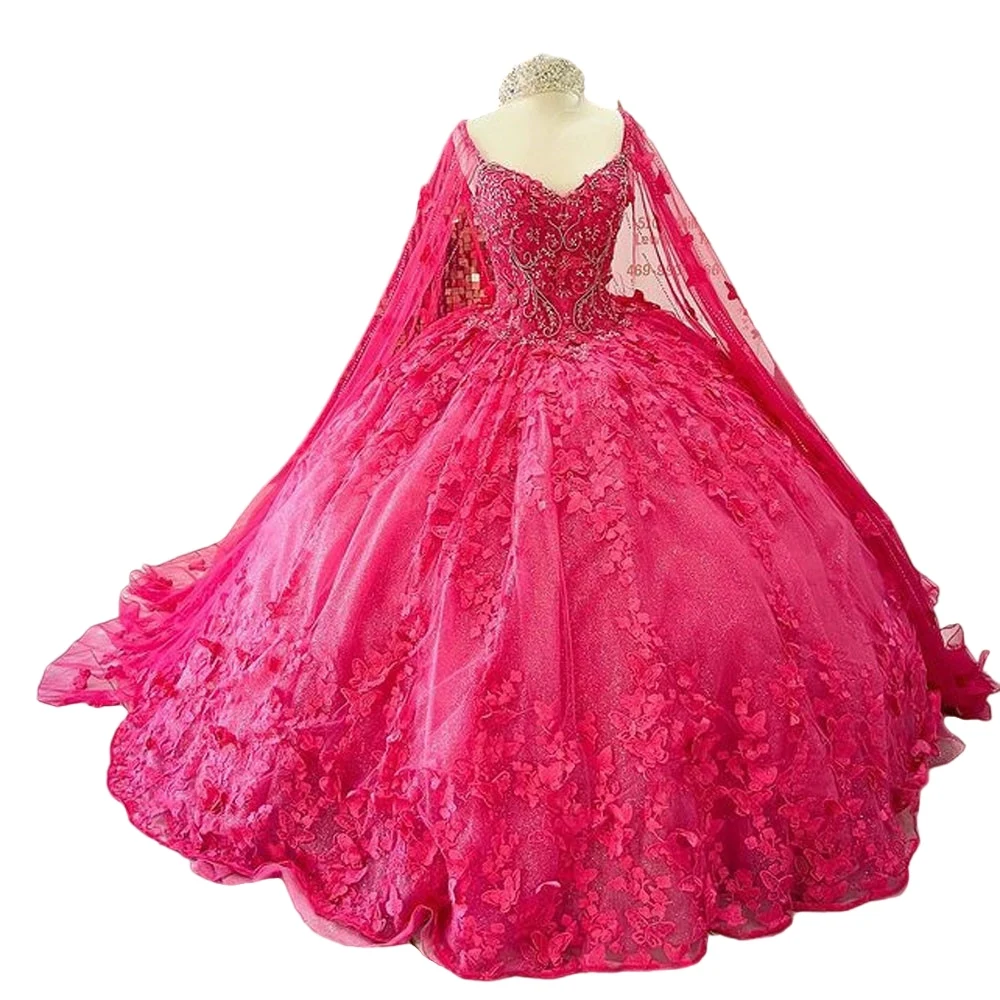 Vestidos De quinceañera fucsia dulce 16 con capa 2023, hombros descubiertos, apliques De mariposa, corsé De princesa con cordones, 15 Años