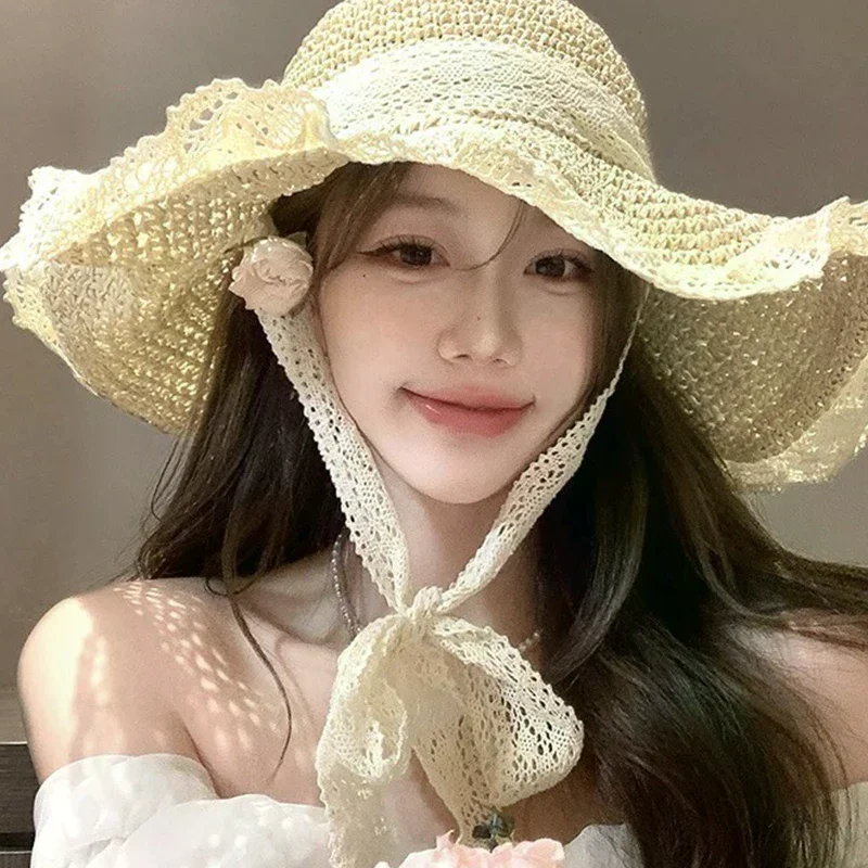Summer Women's Lace Straw Beach Hat Foldable Sun Hat With Wide Brim Fresh Stylish Sunblock Shade Hat Perfect For Travel Holiday