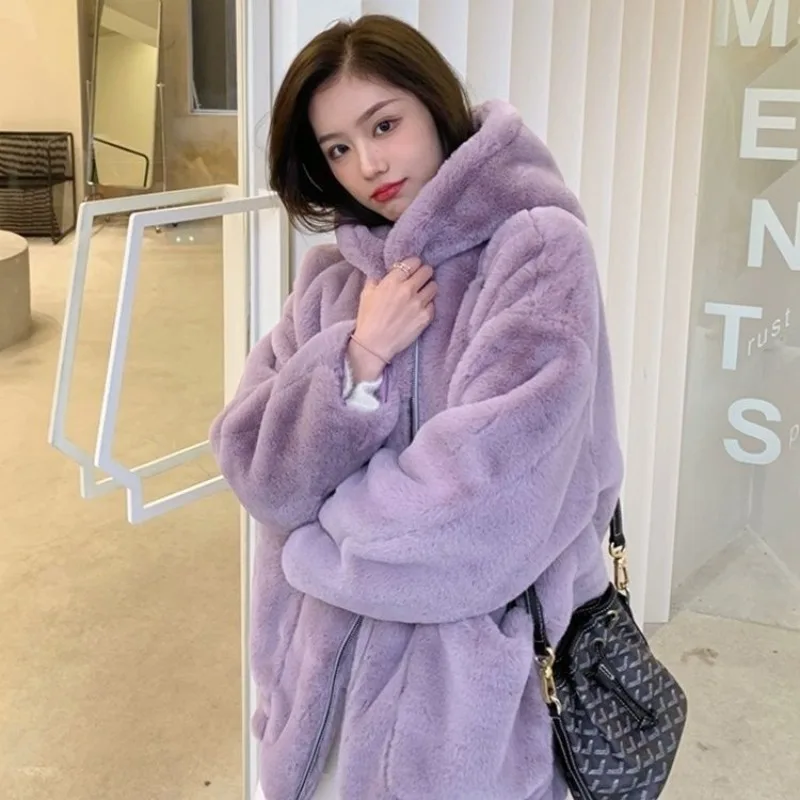 Women's Lambswool Hooded Jacket, Young Mid-Length Coat, Imitation Rex Rabbit, Environmental Friendly Fur, Keep Warm, Winter